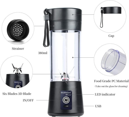 Portable Blender Cup,Electric USB Mini Juicer Blender For Shakes and Smoothies, Juice,380ml, Six Blades Great for Mixing,Black by DoubleCare