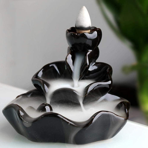 Waterfall Incense Burner, Lotus Backflow Incense Holder with 10 Free Mixed Aromatherapy Cones, Ceramic Censer
