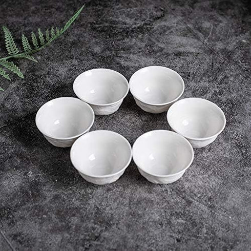 Handmake Ceramic Mini Kungfu Tea Cups Set of 6, White Porcelain Tiny Teacups with Chinese Embossed Dragon Style