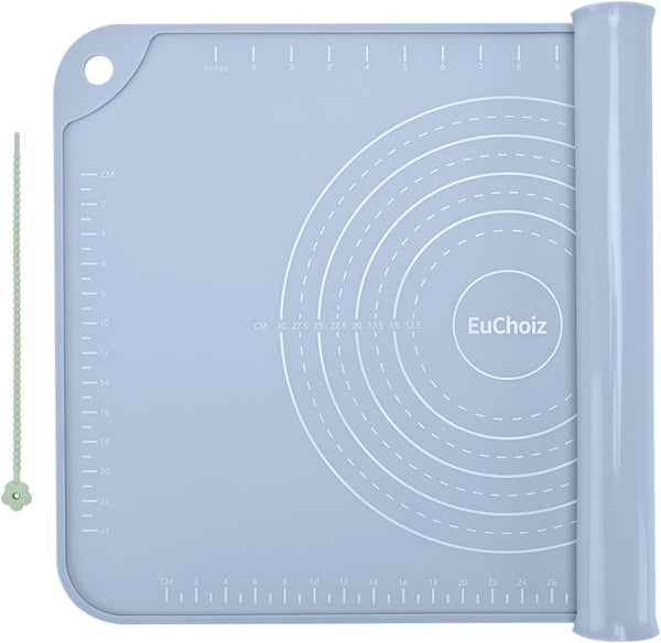 Extra Thick Silicone Pastry Mat 24"x16" - Non Stick Food Grade Dough Rolling Mat with Edge Heightening, Blue