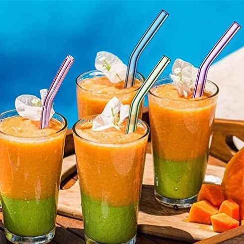 10 Pack Reusable Colorful Glass Straws, 8" Shatter-Resistant Bent Drinking Straws, Includes 2 Cleaning Brushes