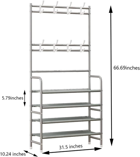 8 Closet 4 Coat Rack Shoe Rack With Storage Shelf Freestanding with Hooks for Entryway Bedroom Tier, Grey