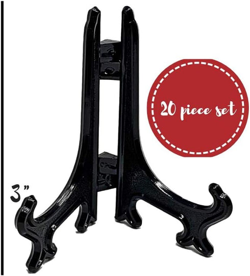 BANBERRY DESIGNS Black Folding Dislay Easels - Pack of 20 Display Easels - Curved Folding Stands - Hinged Table Card Holders. Measurements are 3" High x 3 1/2" Wide x 2 1/2" Deep