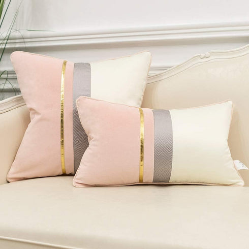 Avigers 12 x 20 Inches Pink White Gold Leather Striped Patchwork Velvet Cushion Case, Luxury Modern Throw Pillow Cover