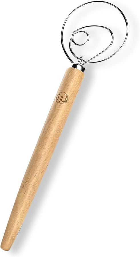 LHU Premium Original Danish Dutch Whisk - 13.5" L, Stainless Steel/Beechwood, Includes Cleaning Brush for Better Batter