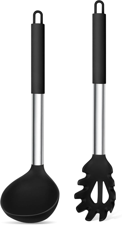 TeamFar Silicone Pasta Fork and Ladle Spoon Set, 2 Pcs Large Nonstick Kitchen Utensils with Stainless Steel Handle for