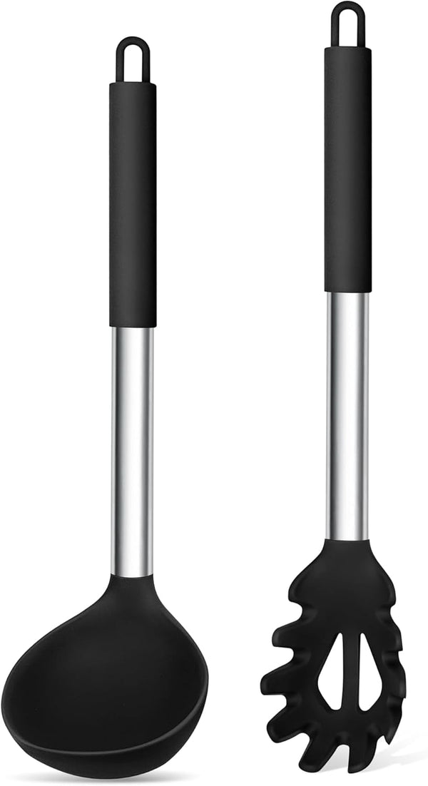 TeamFar Silicone Pasta Fork and Ladle Spoon Set, 2 Pcs Large Nonstick Kitchen Utensils with Stainless Steel Handle for