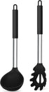 TeamFar Silicone Pasta Fork and Ladle Spoon Set, 2 Pcs Large Nonstick Kitchen Utensils with Stainless Steel Handle for