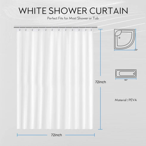 Shower Curtain Liner, 72 X 72 INCH PEVA, Waterproof & Washable Shower Curtain Liner for Bathroom, White