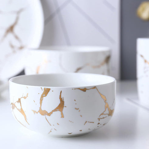 Ceramic Cereal Bowl, Marble Soup Bowl 17 OZ, Luxury Gold Inlay Dessert Bowl, Microwave Safe