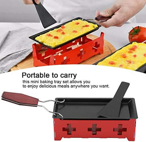 Cheese Raclette Stove Set, Carbon Steel Portable Non-stick Baking Tray with Spatula for Home Kitchen Grilling (Red)