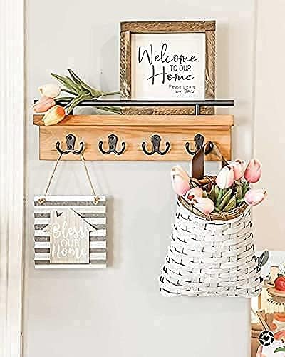Mail and Key Holder for Wall, Decorative Wooden Shelf with Hooks, Wall Mounted Coat Rack (Light Brown)