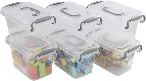 1.5 L Tiny Plastic Bins with Gray Handle, Mini Storage Box Organizer, 6-Pack