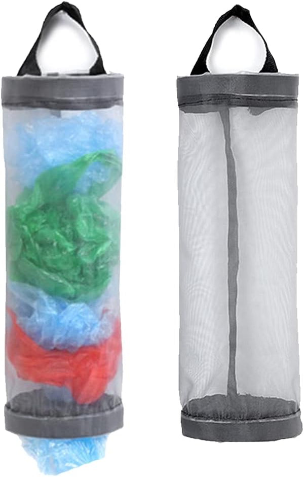 Plastic Bag Holder, Mesh Grocery Bag Dispenser, Hanging Storage Bag (Grey 2 Packs)