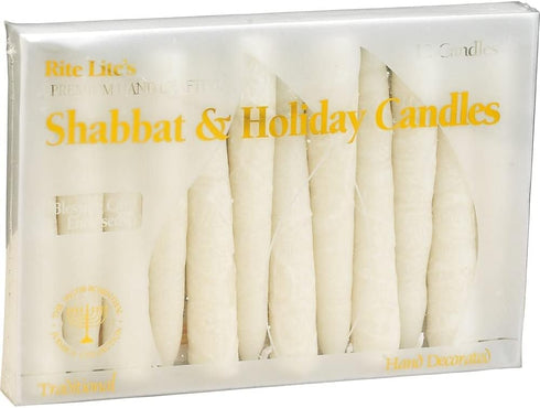 Rite Lite Shabbat Candles - 12 Pieces in Beautiful Box with Artistic Card, White