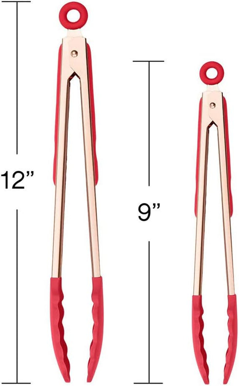 COOK WITH COLOR Stainless Steel Silicone Tipped Kitchen & BBQ Tongs Set, 2 Pc Tongs in Red