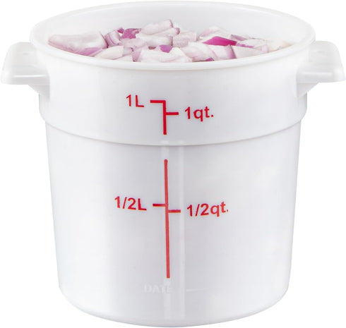 Restaurantware-Met Lux 1 Quart Food Storage Container: White Storage Container with Red Volume Markers, Lids Sold