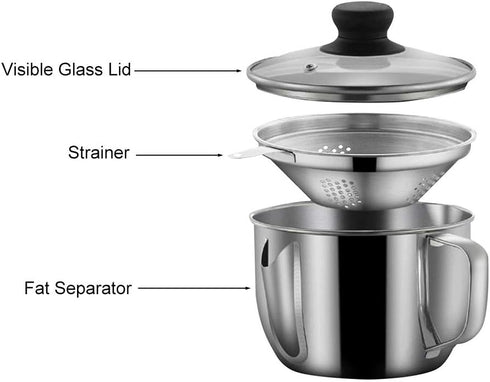 Stainless Steel 4 Cup/1000ML Fat Separator with Strainer and Glass Lid, Soup Oil Separator Cup for Cooking, Kitchen Oil