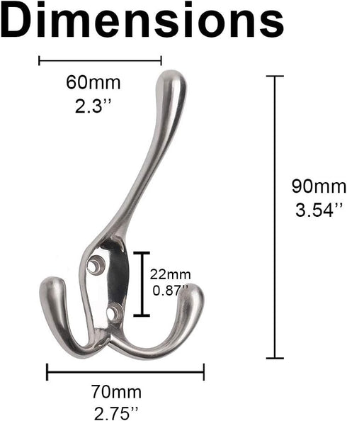 Coat Hooks with Three Flared Prongs, Heavy Duty 3.5 Inch Satin Nickel Hook, 5 Pack