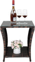 Rpuzonier Wicker Rattan Side Table, Outdoor Square Rattan Coffee End Table with Tempered Glass Top and Storage