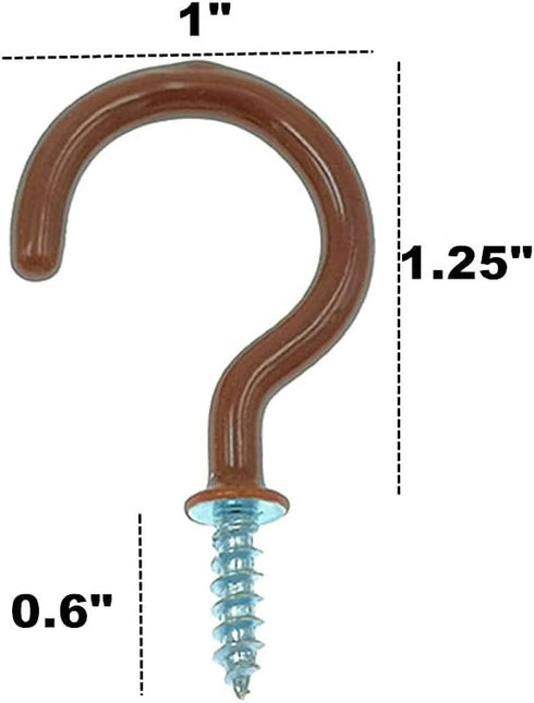 Cup Ceiling Hooks, Medium Size Vinyl Coated Screw-in Open Hooks, 50pcs, 1.25 inches, Brown