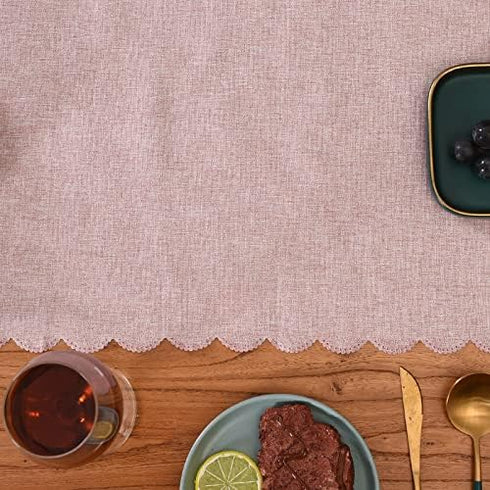 Winotic 13 90 Inches (13 90, Table Runner x Long, Cotton Linen Farmhouse Scallop Style Pink Table Linen for Kitchen