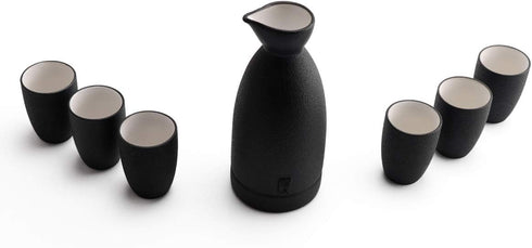 Ceramic Sake Set with Cups + Keep Sake Storage Box - Traditional Porcelain Pottery Drink Set Kit, 7-Piece