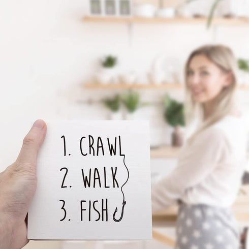 Ruvoty Crawl Walk Fish Rustic Wooden Sign Desk Decor,Funny Baby Fishing Wood Block Sign Desk Decorations for Home