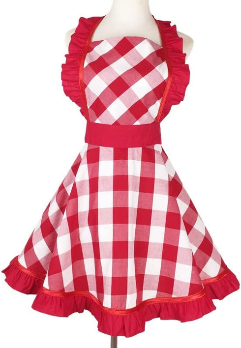 Violet Mist Red Plaid Vintage Apron for Women - Cute Ruffle Frilly Kitchen Apron, Retro 50s Style for Cooking