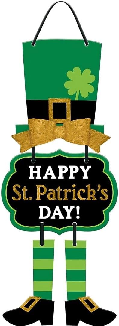 Festive Multicolor St. Patrick's Day Leprechaun Triple Sign - 19"x 8.5" - MDF Wall Decor with Glitter and Ribbon Hanger