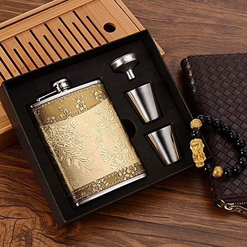 Golden Pattern 8 Oz Gift, 100% Stainless Steel Flask (304/18-8 SS), Bonus 2 Shot Glass + 1 Funnel + 1 Giftbox