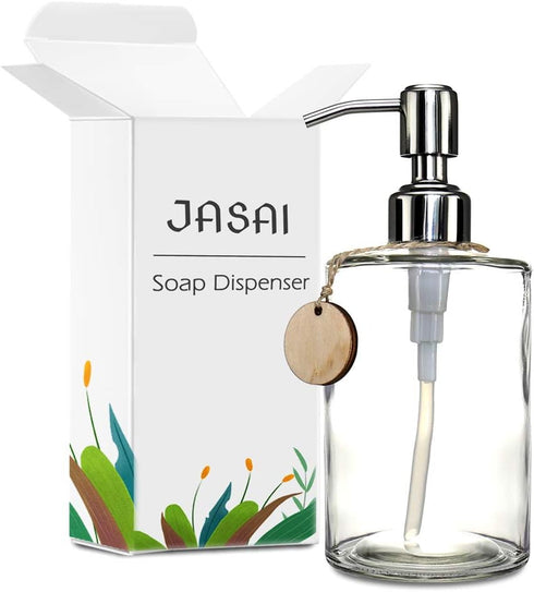 JASAI 16OZ Cylinder Glass Soap Dispenser | Rust Proof Stainless Steel Pump for Hand Soap, Kitchen