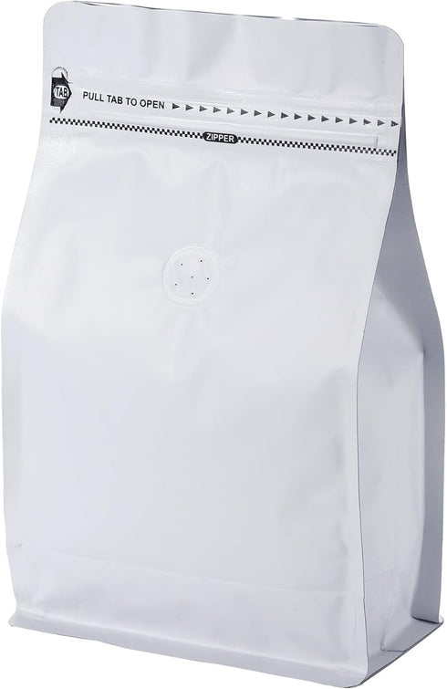 50 Count 8 Ounce Matt White Aluminum Foil Coffee Bags, Stand Up/Flat Bottom Side Gusset Coffee Pouches with Air Release