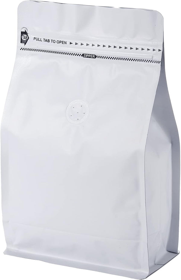 50 Count 8 Ounce Matt White Aluminum Foil Coffee Bags, Stand Up/Flat Bottom Side Gusset Coffee Pouches with Air Release