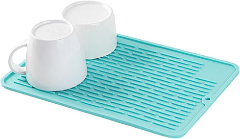 Restaurantware Comfy Grip 11.8 x 7.9 Inch Small Countertop Drying Mat 1 Food-Grade Dish Drainboard - Ribbed Design And Raised Sidewalls Waterproof Turquoise Silicone Draining Pad Dishwashable