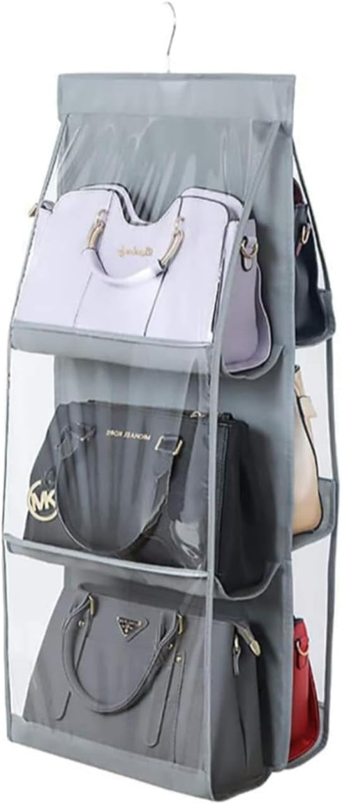 HAN SHENG 1 Pc Clear Hanging Purse Organizer, 6 Pockets Storage Holder for Wardrobe Closet (Grey)