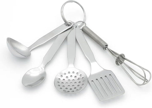 Mini Stainless Steel Kitchen Tool Set with Keychain(3.5"),Set of 5,Includes Whisk, Spatula, Spoon, Skimmer,Soup ladle