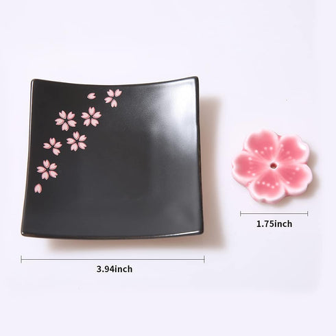 Japanese Handmade Ceramic Cherry Blossom Incense Stick Holder, Unique Ash Catcher Tray, Decorative Gift, Square Pink