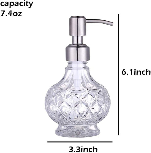 Soap Dispenser with Stainless Steel Pump, Clear Crystal Design, Vintage Elegant Refillable Liquid Hand Soap Dispenser