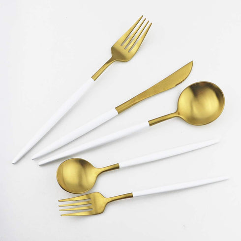 White Gold Flatware, Royal 5 Piece Matte White Handle 18/10 Stainless Steel Tableware Sets for 1 Including Forks Spoons Knives, Camping Silverware Travel Utensils Set Cutlery (White Gold) by Gugrida