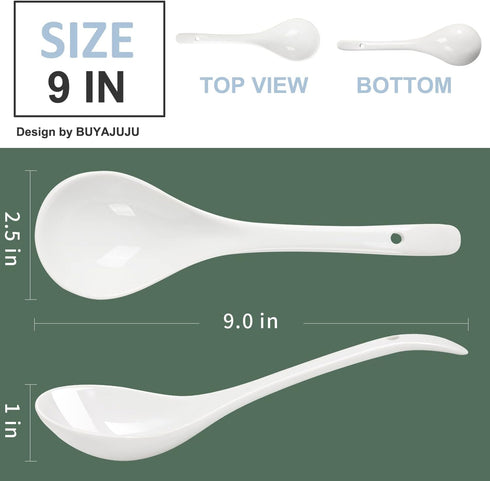 Porcelain Mini Size Ladles, 9 inch Large Soup Spoons, 6 Pieces Premium White Porcelain Spoons, Ladles for Stews, Chinese Noodles Spoons, Long Ladle Big Japanese Spoons