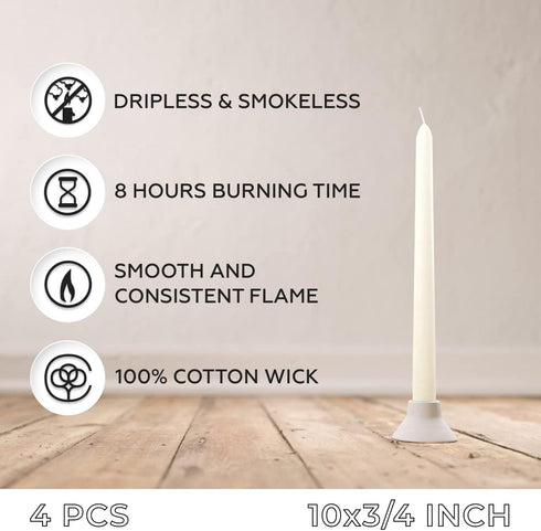 10 Inch Taper Candle 4 Pack, Unscented Hand-Dipped Long Burning Dripless Ivory Candles for Home Interior