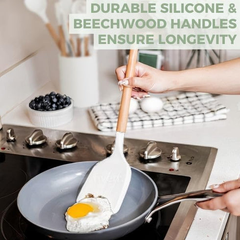 Silicone Kitchen Utensils Set with Holder, 11 Pcs Heat Resistant Wooden Cooking Gadgets for Baking, Home Kitchen
