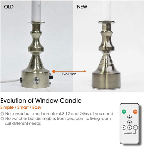 Dimmable Electric Window Candle with Multi Timer IR Controller, Metal Base Christmas Candles, 1 Set + Extra Bulb