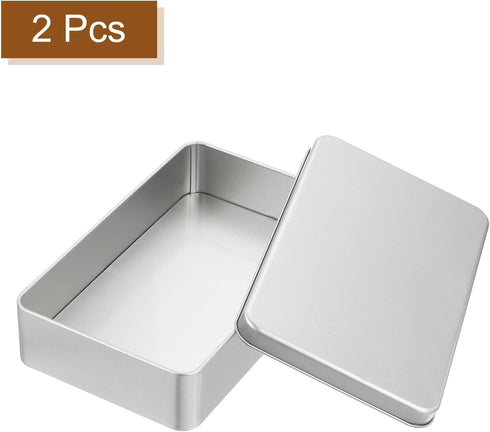 uxcell 2Pcs Metal Tin Box Containers, 7.1x4.3x1.6 Inch Silver Mini Portable Hinged Tins Box with Lid for Home Storage