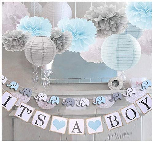 luckylibra Boy Baby Shower Decorations, It is a Boy Banners, Elephant Garland, Paper Lantern, Paper Flower Pom Poms