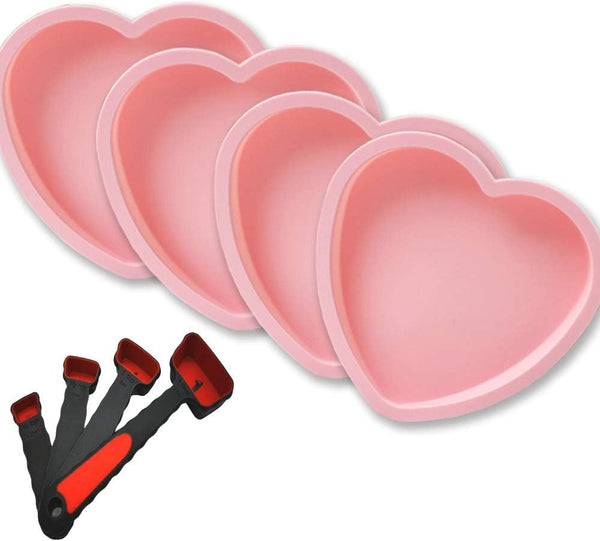 6 Inch Silicone Heart Shaped Cake Baking Pans, Non-Stick Layer Pan Set with 4 Flexible Molds & Measuring Cups