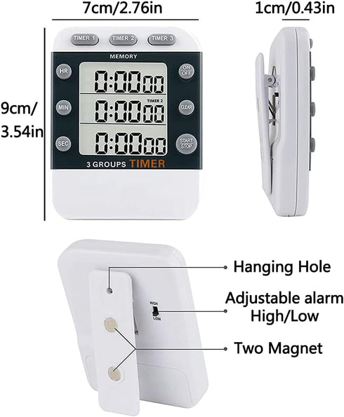 Digital Dual Kitchen Timer for Cooking, 3 Channels Count Down/up Multi Timers, Large-Display Adjustable Alarm Volume