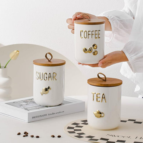 Set 27oz Set Counter Comeon Ceramic Canister with Airtight Seal Bamboo Lid Silicone, Food Storage Jars for Coffee Sugar