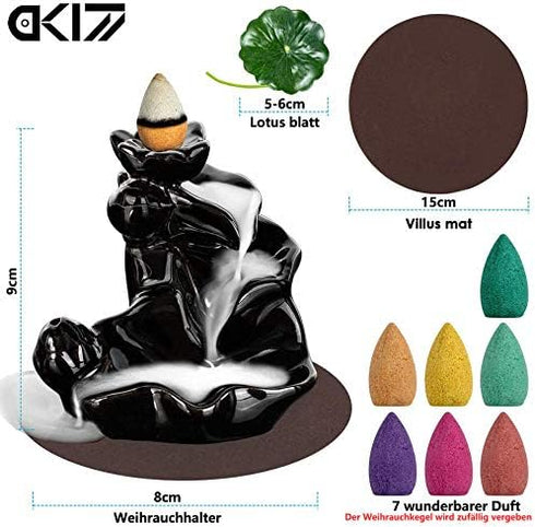 DK177 Waterfall Incense Holder, Backflow Cone Ceramic Burner with 20 Free Cones